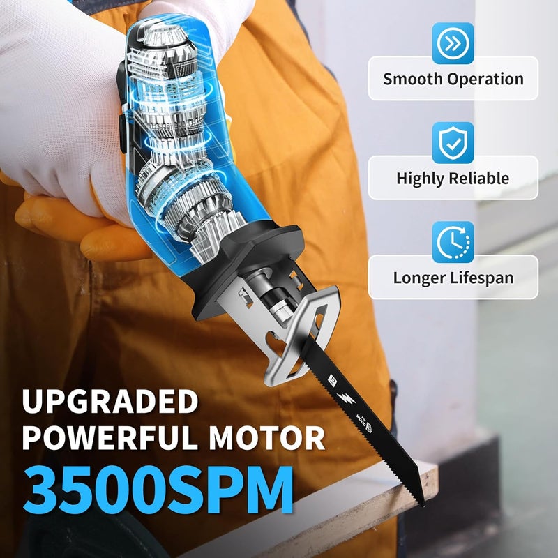 FULLYEA Reciprocating Saw Cordless, 0-3500SPM Variable Speed Reciprocating Saws with 2 Batteries, 4 Saw Blades, Tool-Free Blade Change, Electric Reciprocating Saws for Woods/Metal/Plastic Cutting,Blue - Image 2
